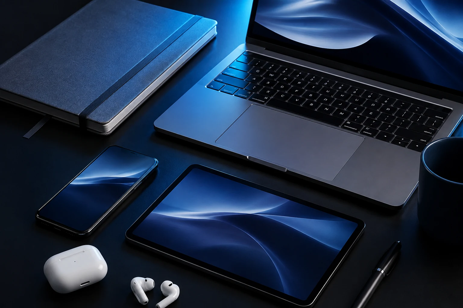 A premium arrangement of a laptop, tablet, smartphone and everyday digital devices.