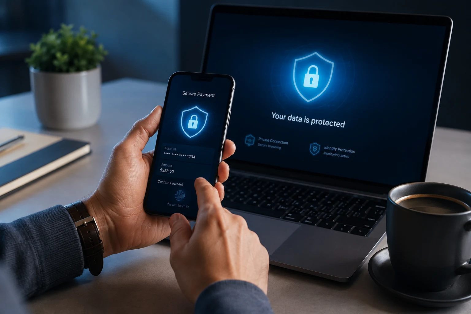 A person confirming a secure payment on a smartphone beside a laptop.